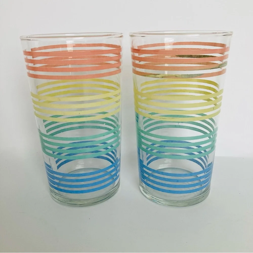 Pastel Striped Bands Tumbler Glasses Vintage MacBeth Evans? Petalware 4 1/2